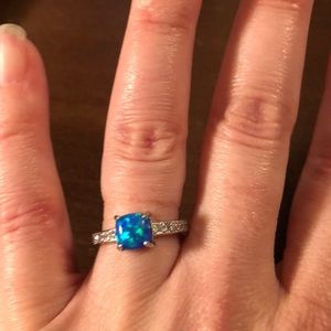 Silver ring with blue opal and clear stones size 7